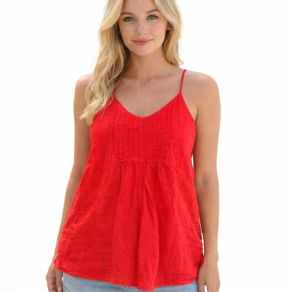 Willi Smith Red Linen Pleated V Neck Spaghetti Strap Tank Top Women's Size M